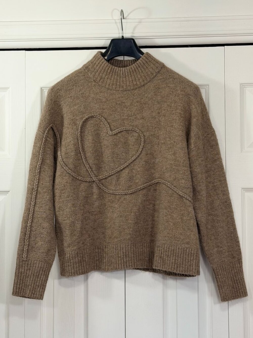 RW&CO Taupe Turtleneck Sweater with Braided Heart Motif